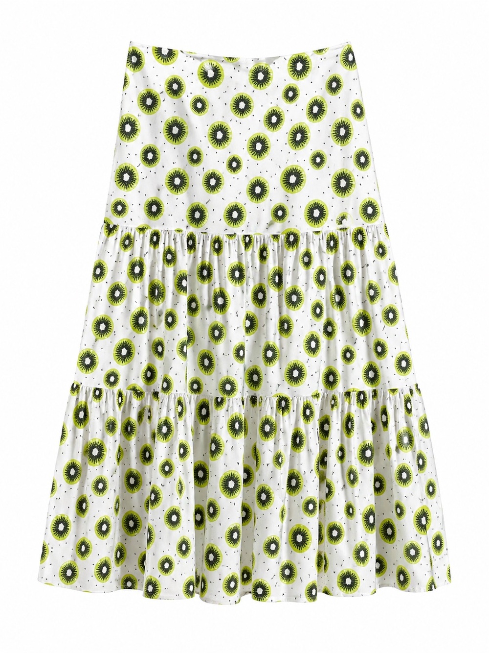 Fore White Tiered Midi Skirt with Green Kiwi  Print